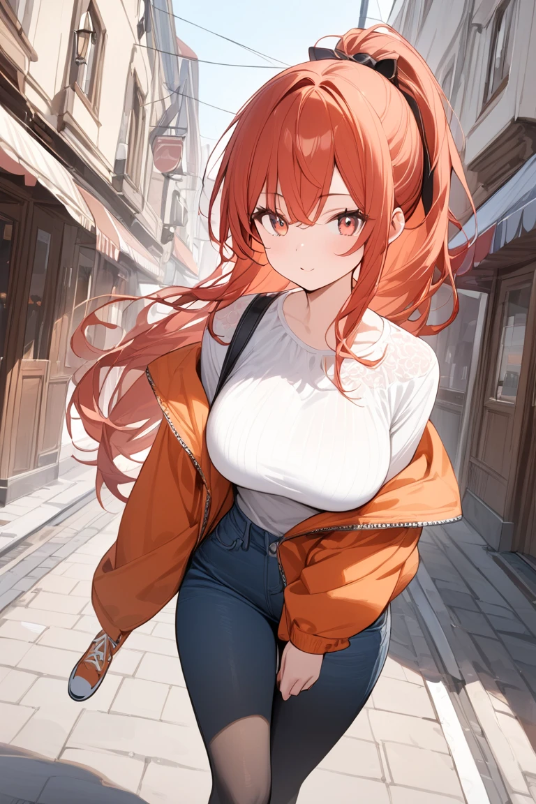Anime girl, orange hair, sweater dress, standing, full body shot, large breasts, skinny, 1girl