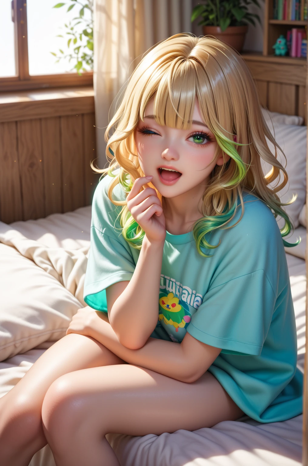 One woman, alone, alone Focus,Full body shot,Portraiture,, Beaver,Half water color, Half Green, ((Brown Hair)), (Yellow Hair), (Gradient Hair :1.5), Curly Hair, ((Pink Eyes)), Ultra-detailed eyes, work, White see-through, (Small TI quality, Very detailed,Sleep in bed,Close ~ eyes,Happi Flutter,