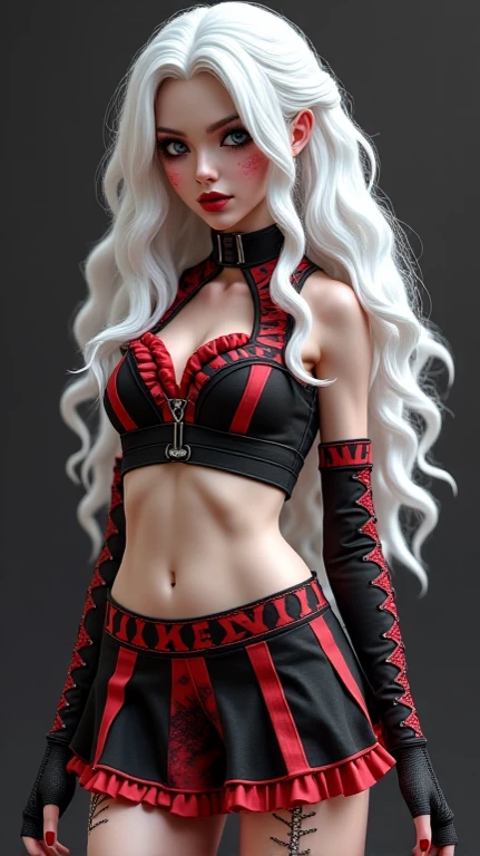 a close up of a woman in a short skirt and a shirt, nice smile, seductive cyberpunk dark fantasy, gothic girl, skulls at her hips, goth girl, gothic fantasy art, heavy metal style, in style of anne stokes, vampire girl, beautiful necromancer girl, gothcore, gothic clothing, very beautiful goth top model, gothic art