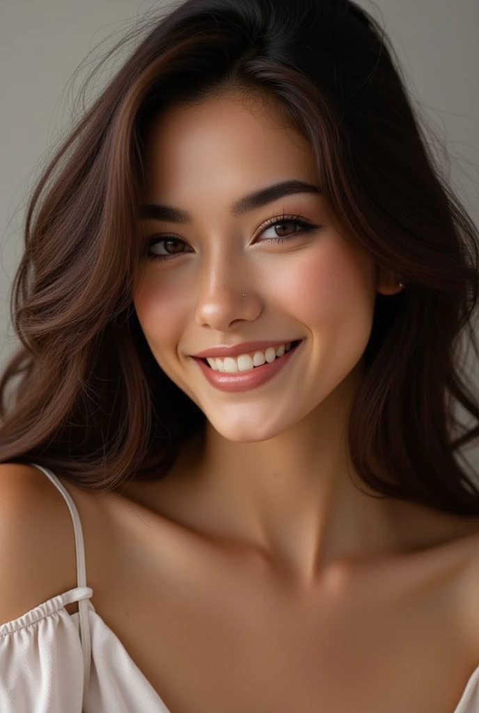 a harmonious face with well-proportioned features, bright eyes that reflect his joy of life and his depth of soul. Her skin would glow with health, qu'elle soit claire. Her hair would be well maintained, that they are long and smooth