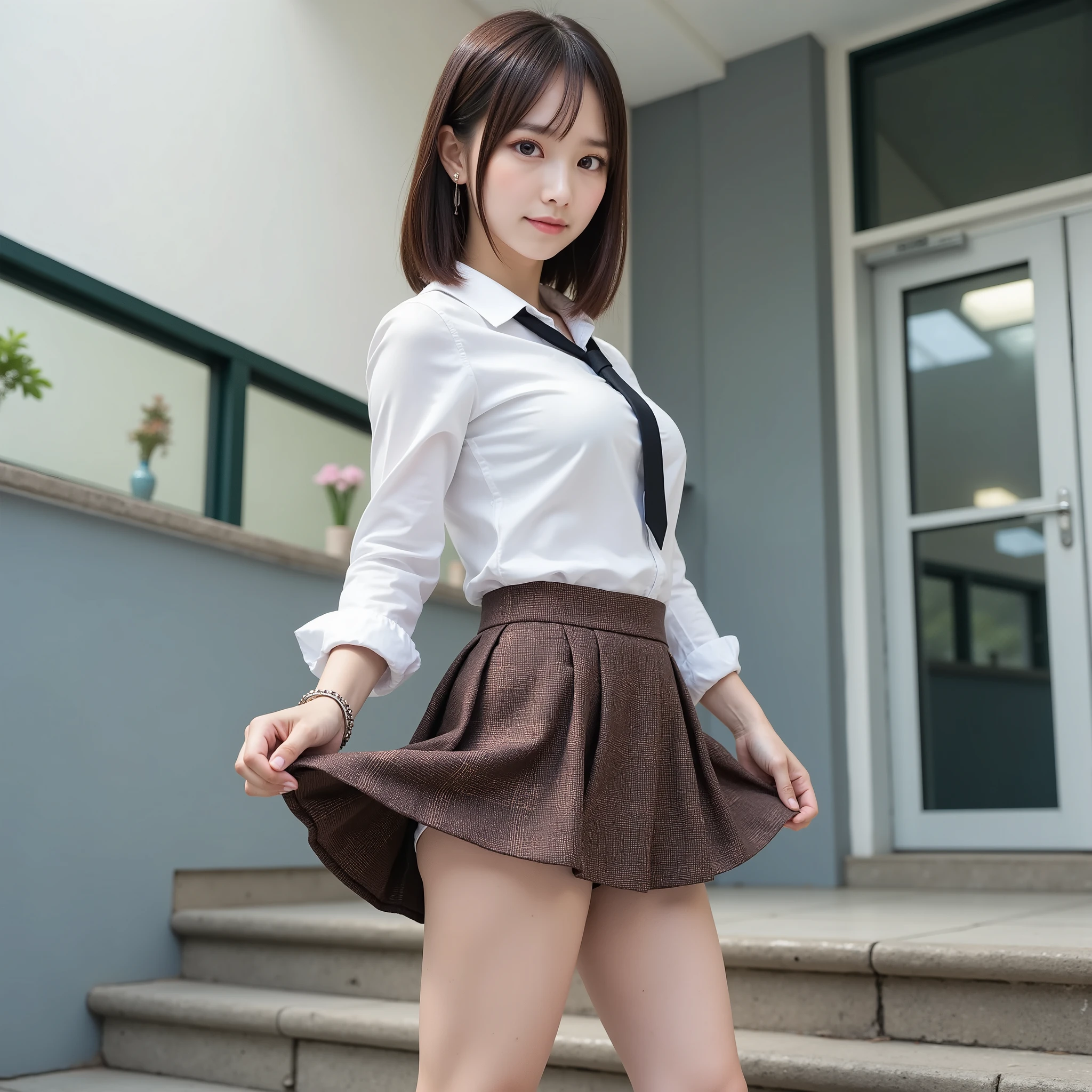 ((masterpiece)), (( best quality )), (16k, Ultra Clear Focus, (Japanese top idol female), low angle shot,  emphasizes slender hips  , High School Student ,  Standing on the school steps ,  white shirt , long sleeve shirt, Roll Up Your Sleeves,  loose tie,  brown pleated skirt,  Racy short skirt  , Panchira,  I lifted the skirt with both hands ,  back pose with handcuffs and collar to highlight buttocks and thighs,  body bag behind, Photo from below,  please turn around , BREAK,
masterpiece、 best quality 、illustrations、 高身長 非常にdetails 、 details、 high resolution、8k、 wallpaper、 perfect dynamic configuration 、(High quality details、   realistic eye depiction:1.3)、from the side、 high school classroom 、High school girl uniform、 blazer、   ultra short plaid skirt uniform 、  loose socks、 plump chest 、  Disturbed Uniforms 、( upstyle :1.2)、 Big Breasts 、Big Natural Lips、 bold and sexy pose wearing a lace collar、with handcuffs and collar、 Arumi Shirio feet、 thighs are thick 、gravure pose