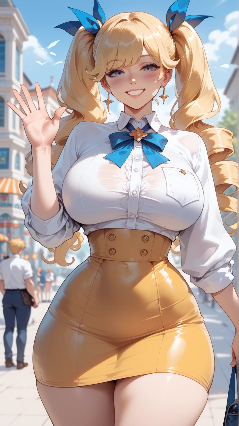 1girl,solo,blonde hair color,long hair,hime cut,light brown eyes,Sunglasses on the head,corset, long skirt,earrings,huge breasts,Whipped thighs,slender,near,street background,SFW,perfect,high quality,faultless,smile