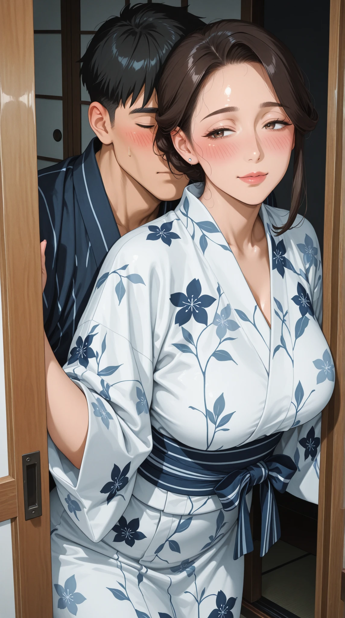 sex vaginal, anime style, medium breasts, small ass, tamayo (demon slayer), purple eyes, black hair, anime art style, upskirt, against wall, back against wall, legs lifted up, under view, boy hands on ass, lifted up, looking towards each other , flower kimono