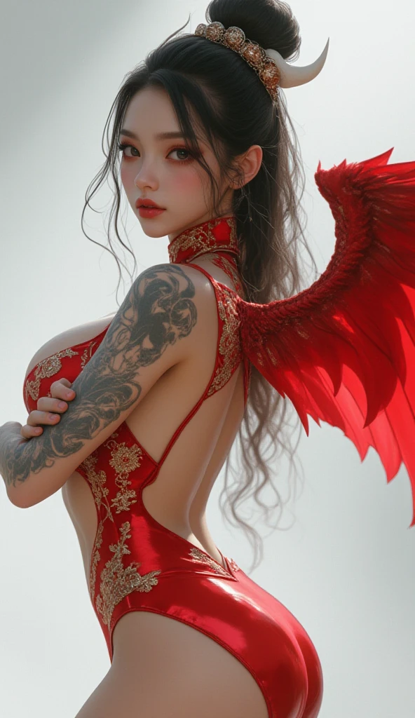 (detailed), light layer, lustrous skin, (intricate detailed, crimson red tiny micro thin lingerie G-string outfits, demon wings, hair ornament :1.2), black hair, black choker, long hair, hime cut, woman, blunt bangs, sidelocks, red eyes, holding quarterstaff, holding scythe, holding sword, (mature female:1.1), [uncensored, NSFW, nipples], side-ponytails  (simple background:1.1), big breasts and slender body, black hair, from above, first-person view, pov, (masterpiece), (best quality), super detail, 16k