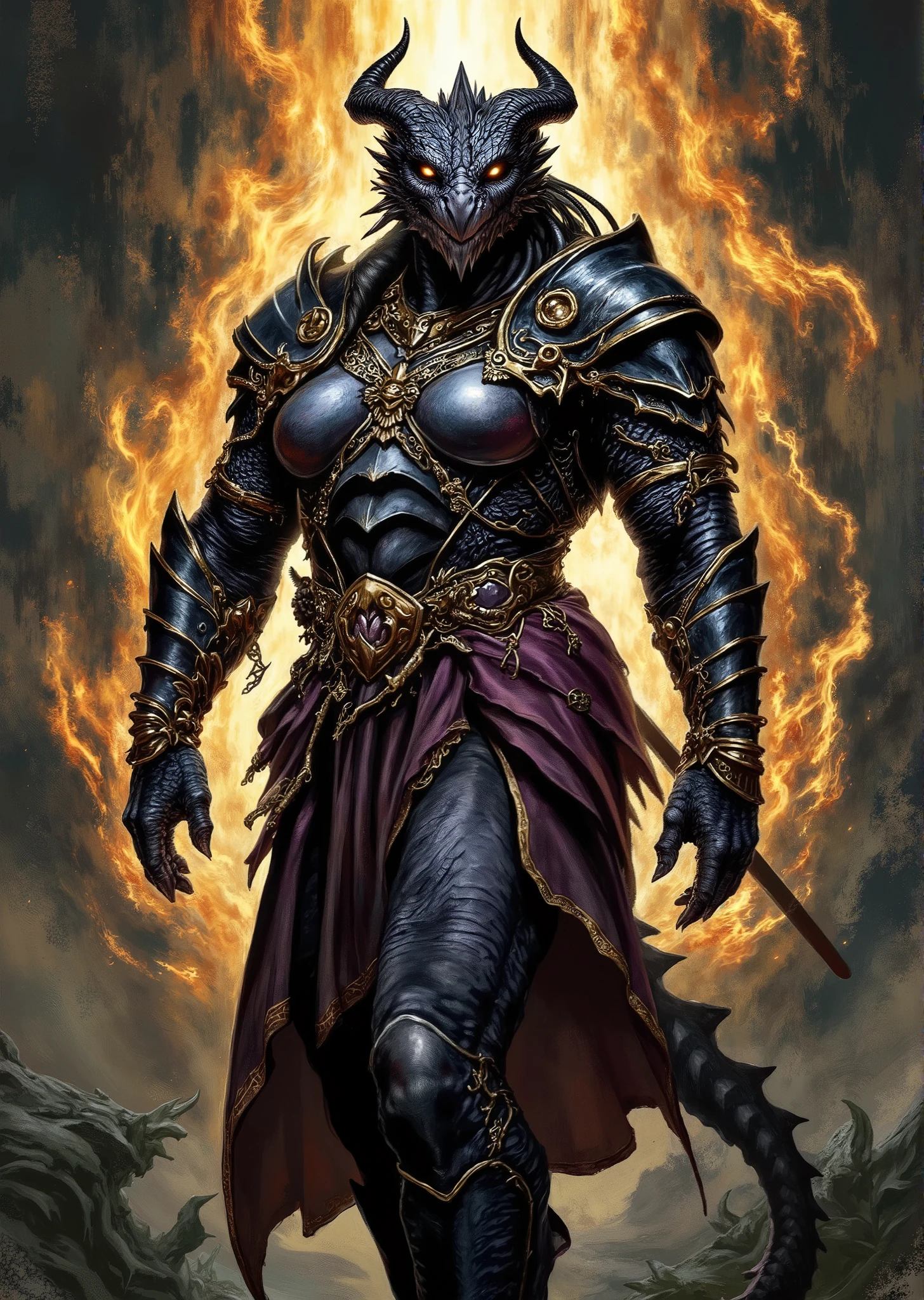 An extremely detailed comic book illustration of an extremely curvaceous Chromatic Black Dragonborn from Dungeons and Dragons which look like wingless bipedal dragons scaly bright-eyed and thick-boned with horns on their heads with a black coloration trained as a barbarian following the Path of the World Tree from dungeons and dragons heavily muscled powered by the primal forces of the multiverse that manifest as Rage more than a mere emotion this Rage is an incarnation of a predator's ferocity a storm's fury and a sea's turmoil with powers that make her an epicenter of dimensional power her Rage tearing the fabric of reality as well as shrouding you in the World Tree's protective embrace with dimensional tears portals and what appear to be roots and leaves covering her body in shades of gold with ouroboros symbolism on her clothing and jewelry wearing a form fitting sleeveless tunic which appears tough and rugged and emphasizes her massive breasts and extremely long legs with ornate shoulder pads that are intricately designed made of hardened leather a broad embellished belt cinches the tunic adorned with golden accents and intricate patterns with various decorative elements hanging from it suggesting both style and functionality over a flowing layered skirt that is shorter in front and longer in the back made of a rich fabric whose hem is trimmed with golden details with hardened leather arm guards or bracers that complement her outfit and provide extra protection blending functionality with an aesthetic that signifies her strength and nobility as a warrior in an art style inspired by Frank Miller and Conan the Barbarian. The Background is awash in dark moody textured brushstrokes of haunted swampy tones. Standing in a dynamic action pose. Trending on Art Station.