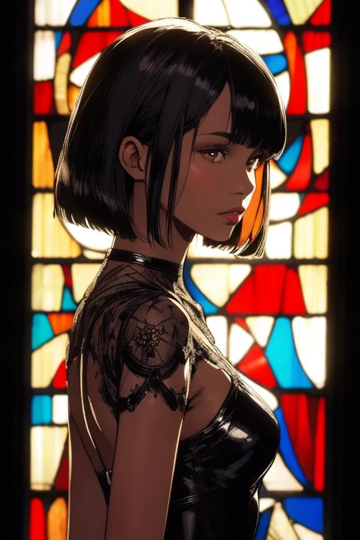 masterpiece, best quality, Stained glass style art, upper body, portrait of beautiful girl with hair bob cut, in black costume with deep slit, (best light), (red lips:0.8), beautiful face, colourful, Photorealsitic, highcontrast, Highly detailed background, ultra-detailed, super detailed skin, light glow, Film grain, Expro II, Lens Flare, Sharpen, cinematic light