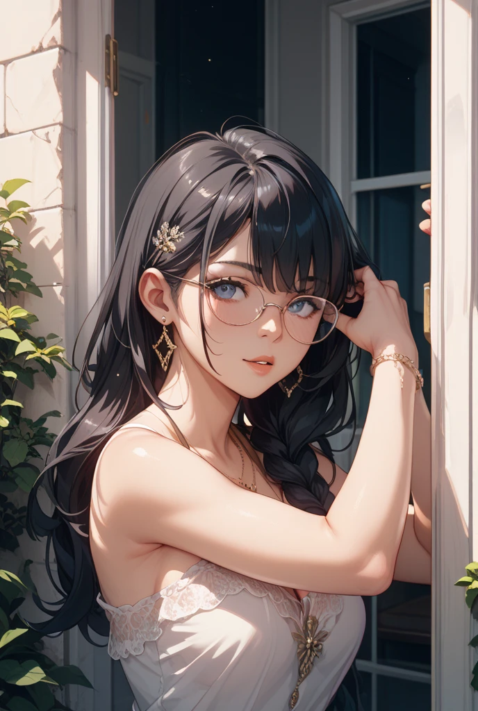 Oriental beautiful girl,sideways,Looking over the shoulder,White transparent real-life painting,Color splash rendering,Facial texture is clear,Silver-white and dark gray highlighted long hair tied into twin ponytails,loose white shirt,Blue distressed denim shorts,Gold-framed glasses,White sand background,messy strokes.Close-up of character( Perfect anatomical structure ) Beautiful and extremely fine texture,detailed, bright, Animation style high definition and high quality presentation