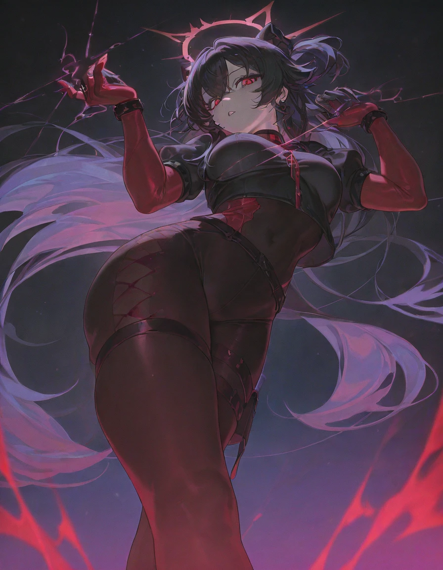 Color Splash art work, Vampirella from behind, bent over looking at the viewer over her shoulder, black and grey monochrome color scheme, extremely sheer, pretty much see through red negligee on Vampirella, almost naked, 8k