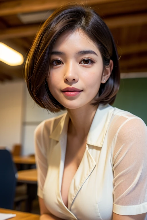 (masterpiece:1.3), (16k, photorealistic, RAW photo, best quality: 1.4),absurdres, attractive, ultra high resolution, ultra realistic, highly detailed, golden ratio, ultra detailed, super fucking beautiful detailed face, natural makeup, detailed cloth texture, detailed hair texture, beautiful detailed fullbody, Perfect female body, accurate, Anatomically correct, Highly detailed face and skin texture, (beautiful hands), (realistic skin), (beautiful pale skin:1.1), (well-aligned teeth:1.1), (beautiful breasts), (Perfect dynamic composition, looking at viewer, full body shot), (Random Seductive pose:1.3),
BREAK,
realistic eyes, beautiful detailed eyes, symmetric eyes, Light Brown eyes, Double eyelids, Thin eyebrows, (Glossy lips:1.4), ((A face with waiting for a kiss:1.2)), (blush:1.1), (beautiful smile:1.1),
BREAK,
((short hair, bob, Dark blonde hair, bangs:1.2)), (in the School classroom, school uniform:1.3)