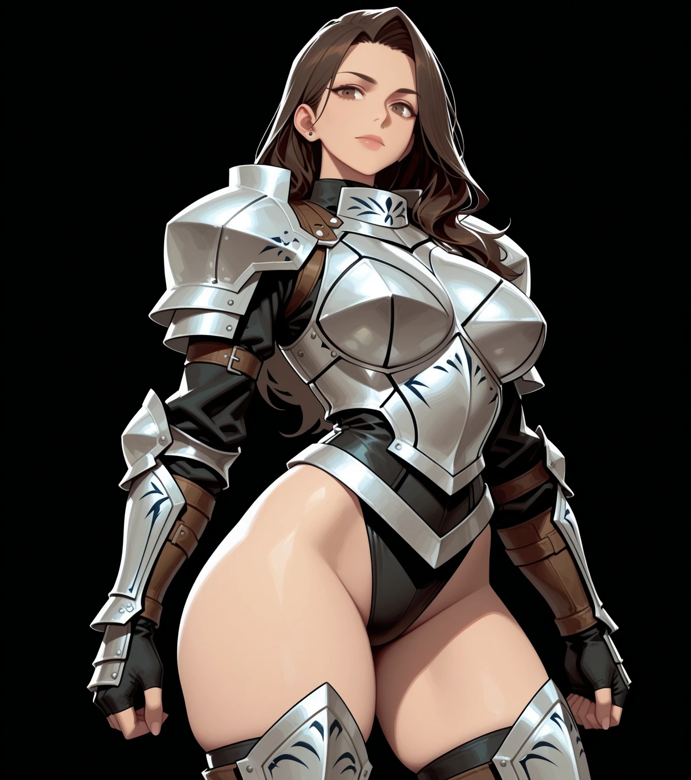 ((Best quality)), ((masterpiece)), (detailed), perfect face perfect figure, blue skinny jeans, Brown hair, Iron Breastplate, girl in blue jeans and iron armor