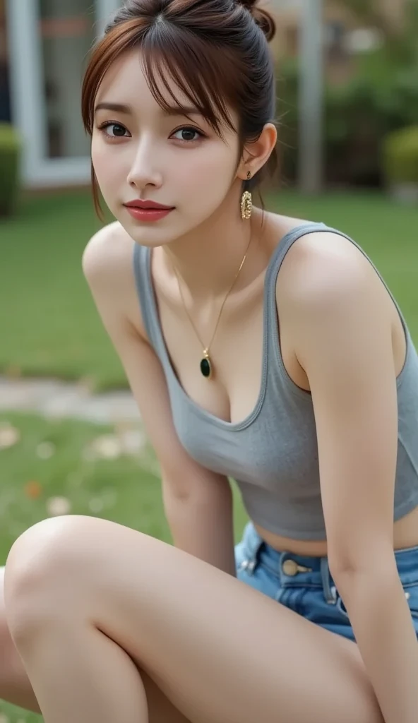 close-up of beautiful korean female, 34 inch breasts size, wearing tank top, necklace , in the shopping mall, cinematic scene, UHD