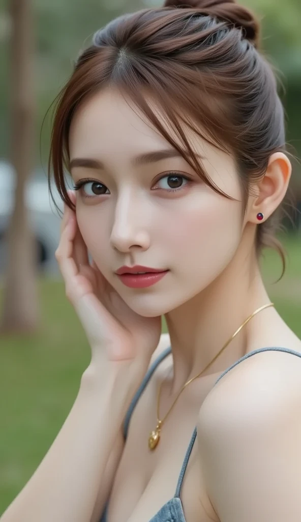 8k, masterpiece, RAW photo, best quality, photorealistic, extremely detailed CG unity 8k wallpaper, Depth of field, Cinematic Light, Lens Flare, Ray tracing, (extremely beautiful face, beautiful lips, beautiful eyes), intricate detail face, ((ultra detailed skin)) 1girl, in the dark, deep shadow, pretty korean girl, kpop idol, ((looking at viewer)),(big smile), pretty korean girl, white diamond earrings, dia necklace, clear eyes, shot, (pale skin), face forward, (big eyes), ((close up shot)), (ponytail) (looking at viewer), ((smile)), (see through), (night), dim lights, veranda, rooftop, naked, black tiny dot on nose, close up face