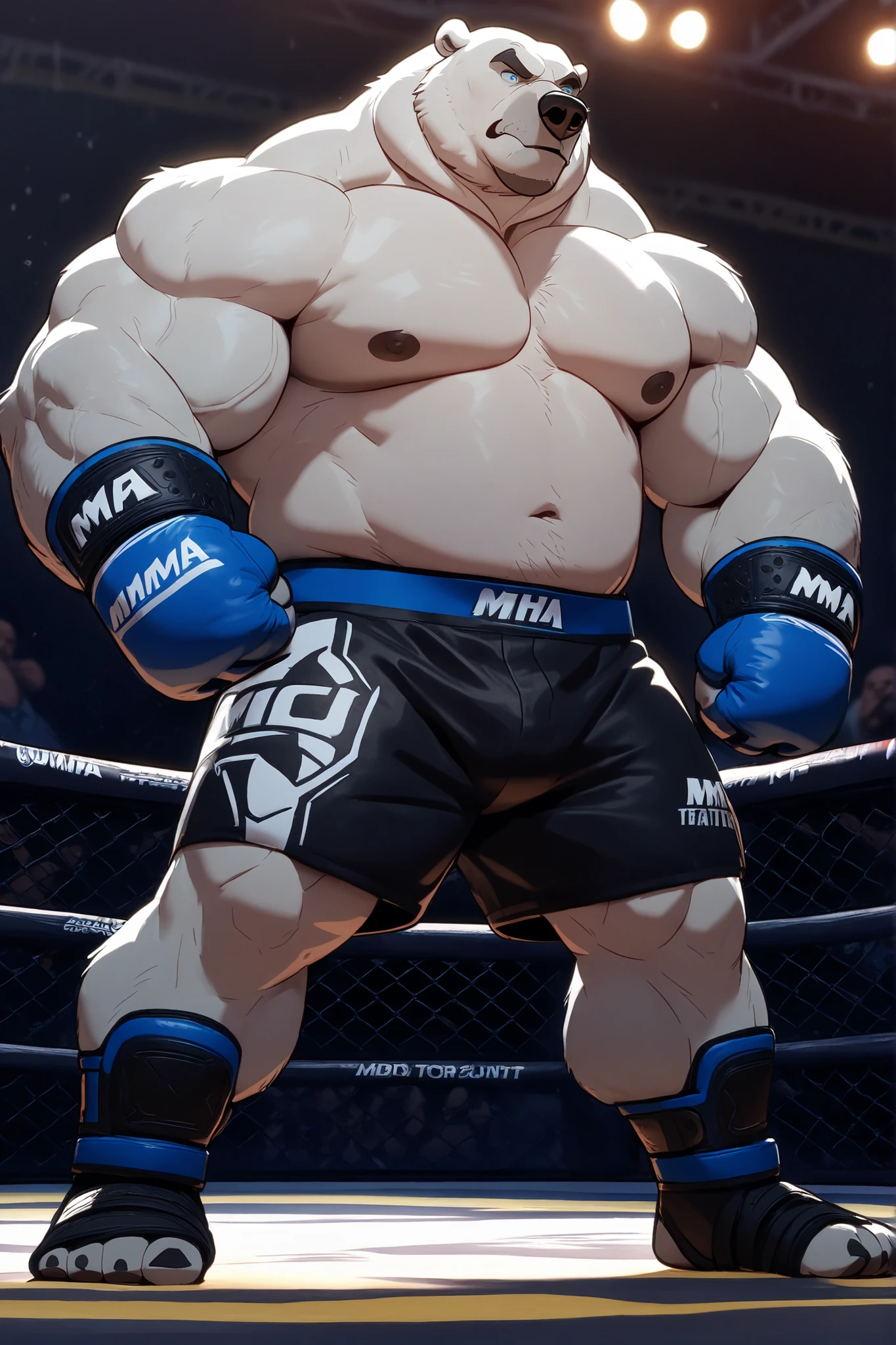 huge muscular polar bear in MMA UFC Tournament, big hulking brute, grunting smirk, polar bear, huge white fur, thick arm, huge arm, added thick colored gray mustache and beard, short white hair, (veiny muscular, broad pectoral, wide pectoral, thick arms thick neck), caged ring, lights, Disney, 2D, 8k, masterpiece, gray eyebrows added, deatiled eyes with blue pupils, (wearing black MMA with blue striped slits, MMA gloves with blue knuckle pads, shirtless, topless, half naked and ankle support braces), stances