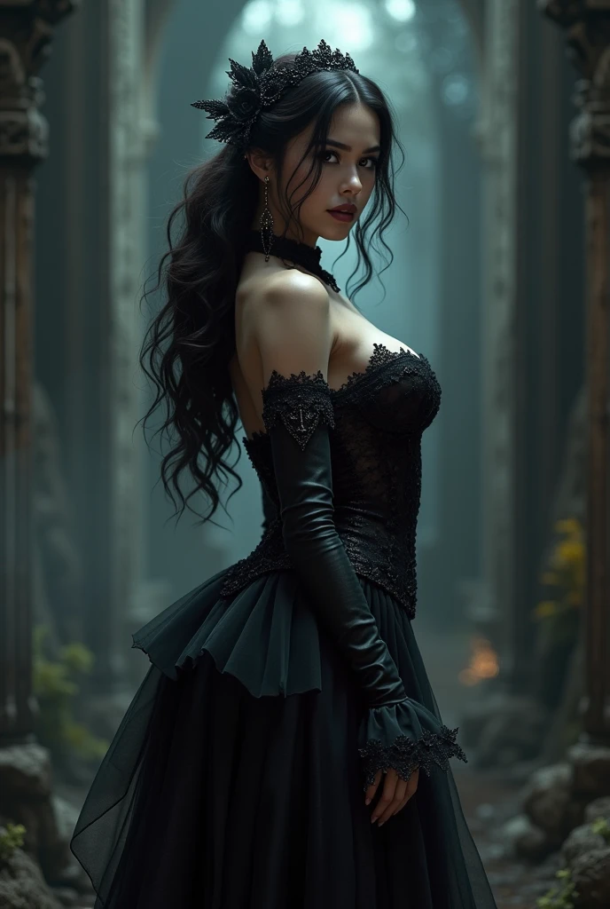 TAN skin, female, vampire, elf ears, BROWN hair, black dress with silver chains that are attached to the dress, heart shaped succubus tattoo down right thigh, a choker with a spider with ruby abdomen, silver rings