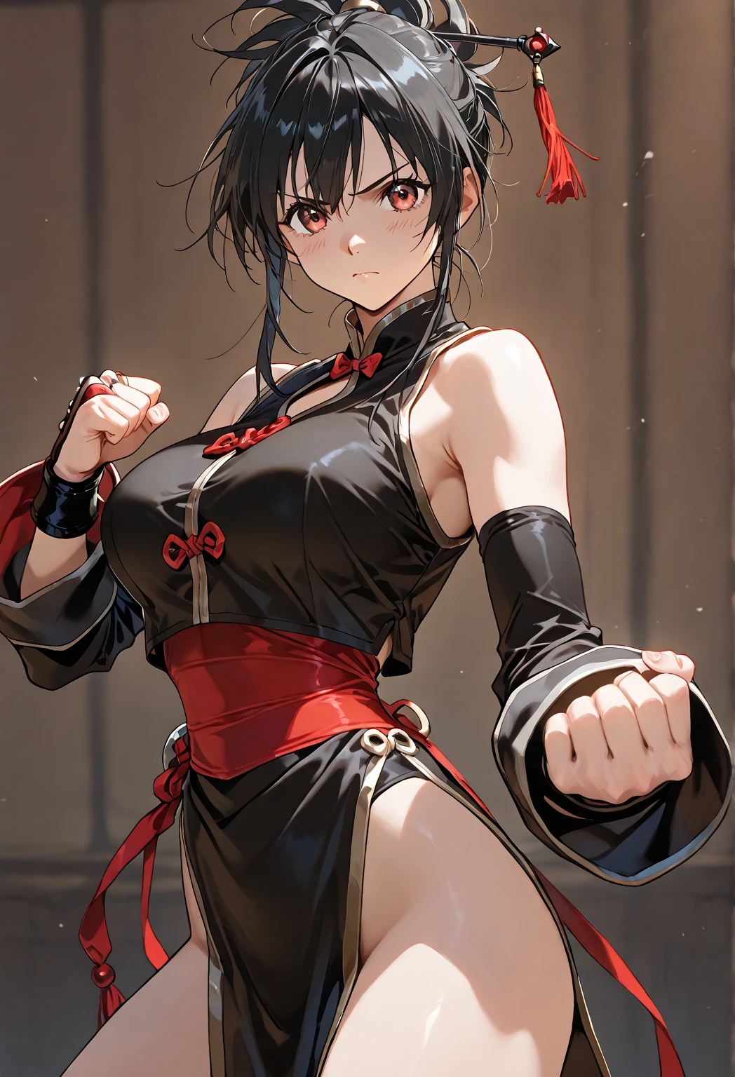 masterpiece,best quality,high resolution,8k,ultra HD,wallpaper,illustration,perfect face,cowboy shot,beautiful detailed eyes,extremely detailed face,perfect lighting,extremely detailed CG,perfect hands,perfect anatomy,perfect body,perfect hands,perfect fingers,1woman,full body,,(muscle fighter:1.1),black short hair,blackeyes,(large breasts:1.3),(Medium ass:1.1),medium nipples,(white sexy sailor:1.3),red skirt,clothed,,collarbone,,looking at viewer,sexy look pose,Steam,sweat,rich home,(Blue Archive character tsubaki),