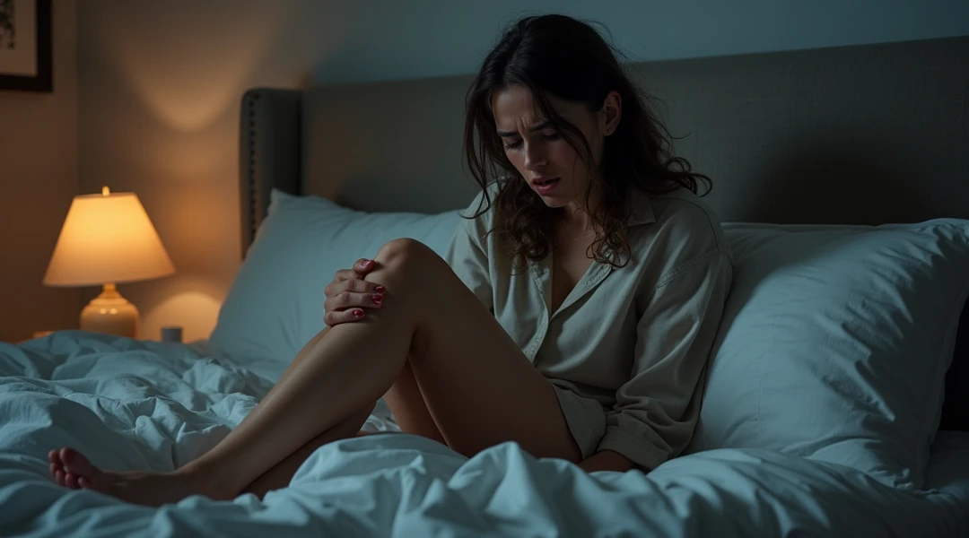 Create a realistic UHD 8K image of a young woman sitting on a bed in a dimly lit room. She is wearing a white tank top with black straps and grey drawstring shorts. Her hair is tied up in a messy bun, and she has a contemplative expression as she looks down. The room has a calm and intimate ambiance, with soft lighting highlighting her profile against a dark background, possibly showing the faint outline of city lights through a window. The setting should evoke a quiet, reflective mood.