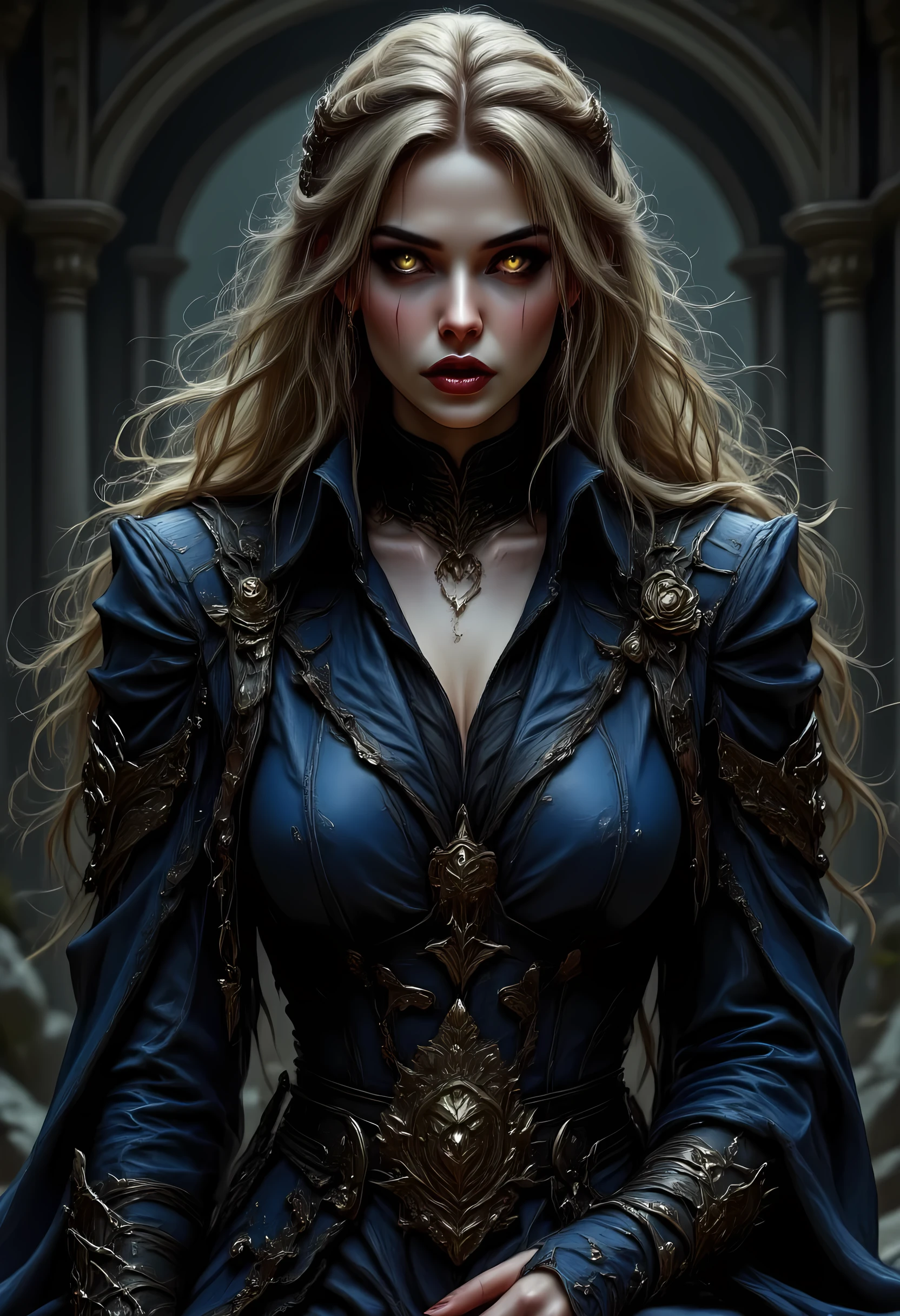 Arafed, a portrait of an vampire woman, full body shot, exotic beauty, long hair, gold hair, emerald green eyes, glowing eyes, vampire fangs, dark red lips, glamour shot, she wears an blue elegant suit, intricate suit. leather suit, small cleavage, gold rose, high heel boots, full body shot, 16k, ultra detailed, masterpiece, best quality, (extremely detailed), arafed, dnd art hyp3rd3tail style