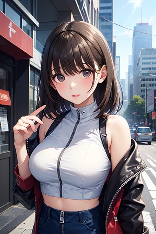 最high quality、Best image quality、masterpiece、girl((18-year-old、 By becoming、Best Bust、Medium Bust,Wide open breast tea、Red glowing eyes,Black Hair、Red Mesh、Disheveled Hair、Lointail、thin,The highest valley、Open chest、Luminous Wristbands、hair ornaments、Show the whole body,Black short sleeve T-shirt、Wear a shoulder bag、Short denim trousers、Leaning forward、smile、Disheveled,Hands on hips、turn around、peace sign)),high quality、Beautiful art、background((Beautiful sun、sunlight、Large shopping malls、squirt))、Flight、Flying debris、Written boundary depth、movie、Visual Arts、Perfect art、8K,Genuine,