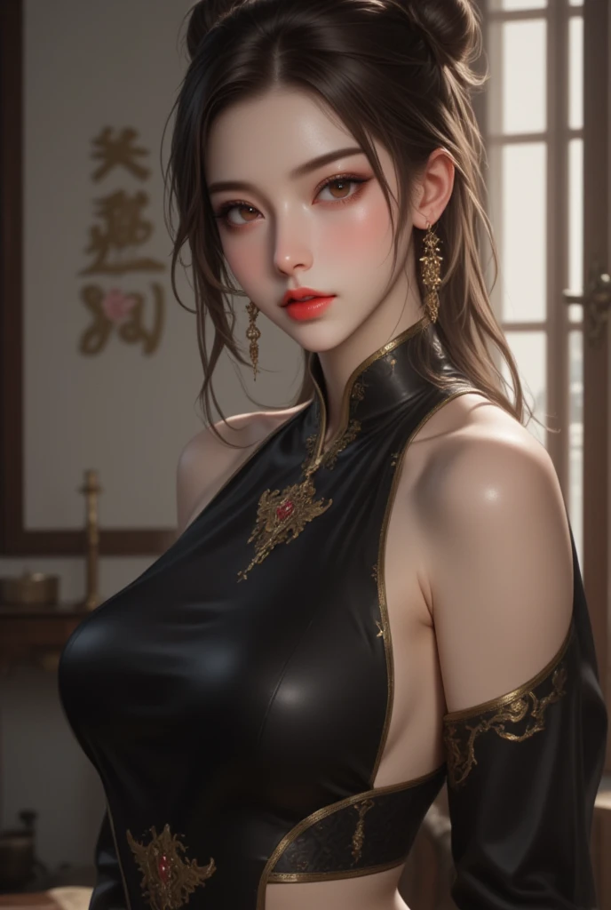 The black silk beauty was not dressed, show breast, show nipples, clean areola