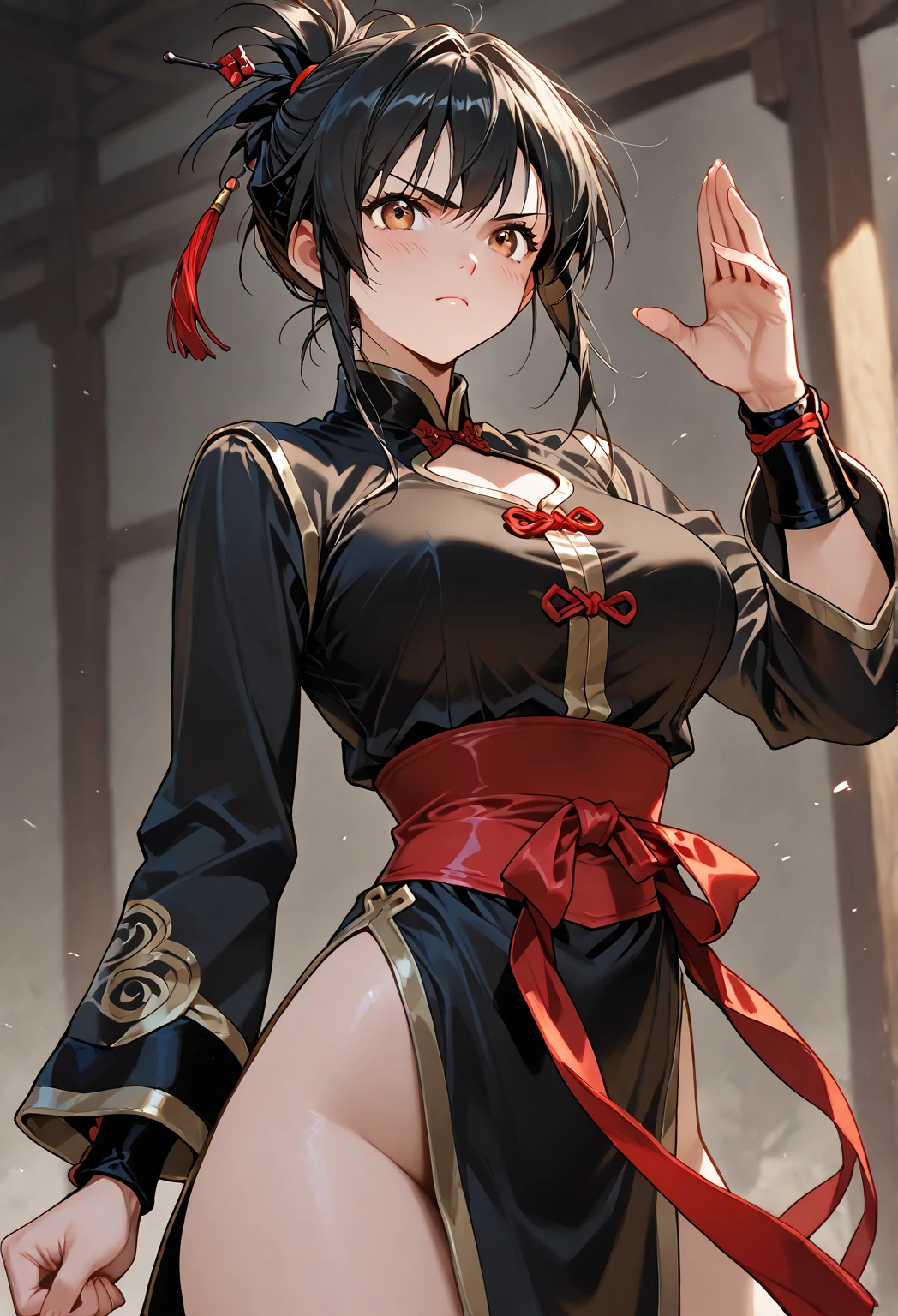 samurai women, less fabric outfit, high pony tail, perfect body shape, web legging, seduce aura
