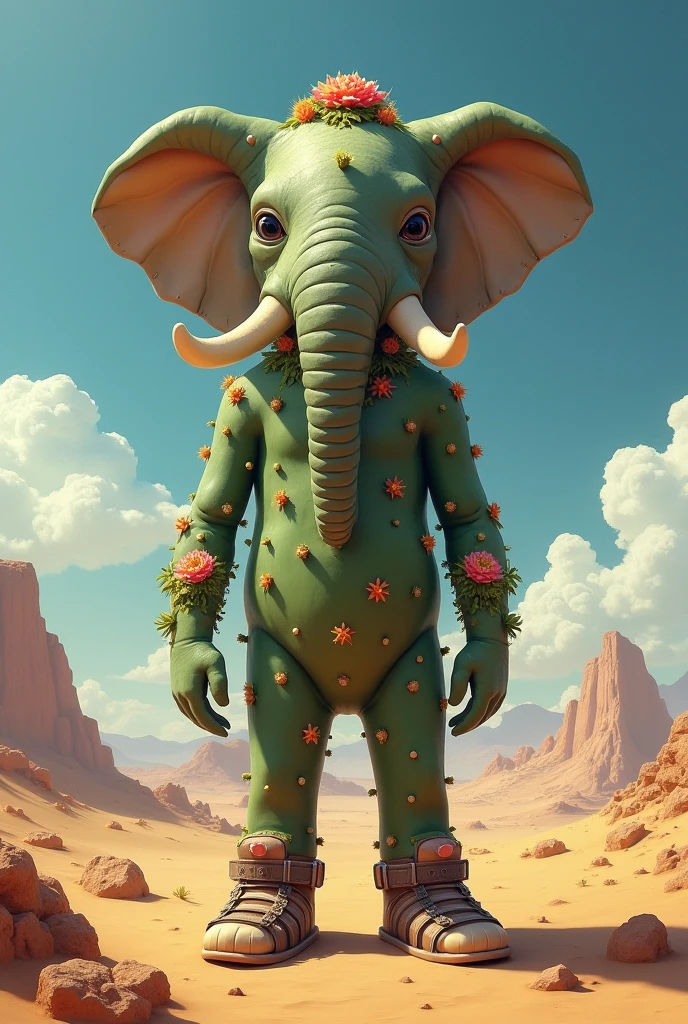 Create a cactus with an elephant's head and sandals in the desert
