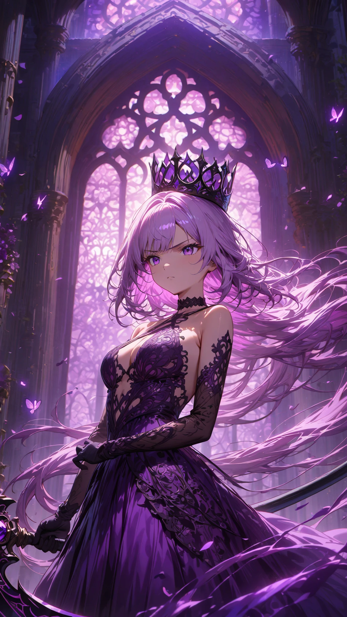 ((Highest quality)), ((masterpiece)), (detailed), (Perfect Face)、The woman is the evil queen Luxria, with medium-long pink hair, a gorgeous black wedding dress with gold embroidery and trim, a black wedding veil, an engagement ring, gorgeous accessories, lipstick and makeup, and a dignified, beautiful evil queen.、The woman is happily getting married in a posh church belonging to an evil organization.