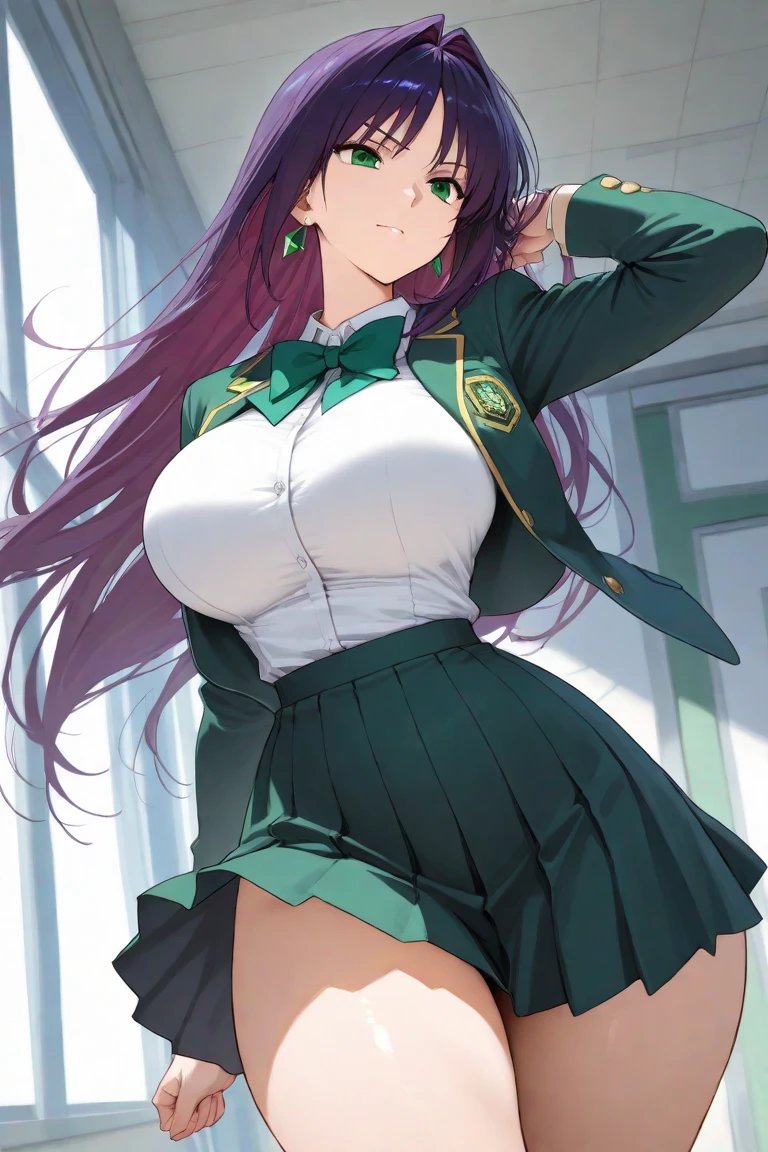 masterpiece, best quality, 1girl, 17 yo's, 2 toned dark green hair, extremely gigantic long ponytail hair, blue eyes, busty, gorgeous plump body, cowboy shot, pink skirt, miniskirt, torn clothes, zettai ryouiki, torn white thighhighs