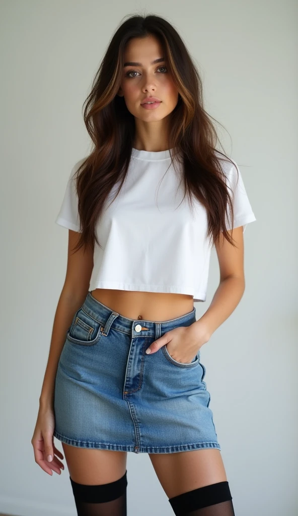 mulher arafiada com blusa preta e short azul posando em uma escada de pedra, pernas grossas, coxas grossas, Vestindo shorts, beautiful thick female, huge legs towering over you, pernas fortes, sutiã e shorts streetwear, vestida com top e shorts, cintura fina e quadris grossos, dasha taran, coisas grossas, thick lens glasses