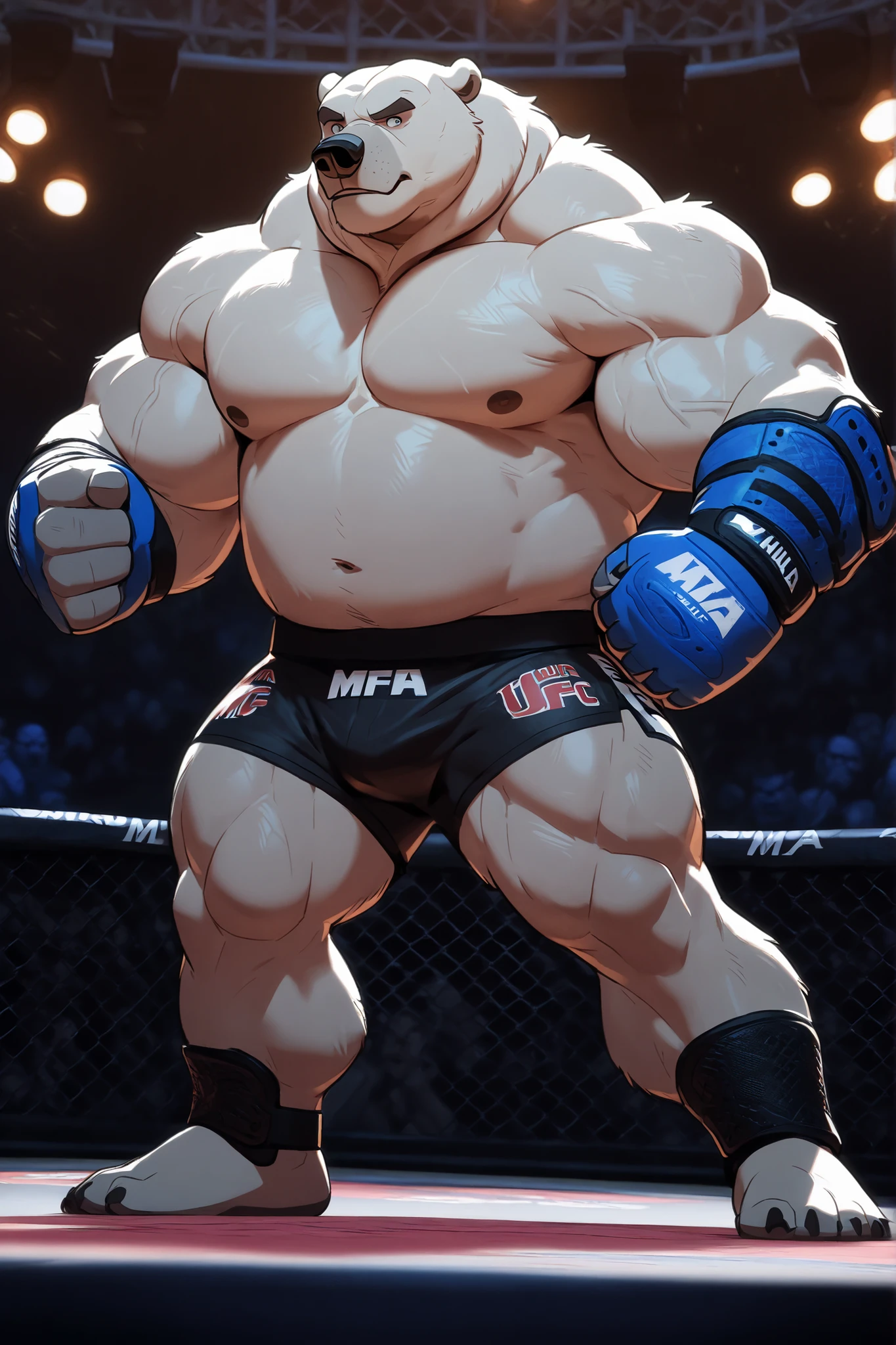 huge muscular polar bear in MMA UFC Tournament, big hulking brute, grunting smirk, polar bear, huge white fur, thick arm, huge arm, added thick colored gray mustache and beard, short white hair, (veiny muscular, broad pectoral, wide pectoral, thick arms thick neck), caged ring, lights, Disney, 2D, 8k, masterpiece, gray eyebrows added, detailed eyes pupils, (wearing black MMA with blue striped slits, MMA gloves with blue knuckle pads, shirtless, topless, half naked and ankle support braces), stances
