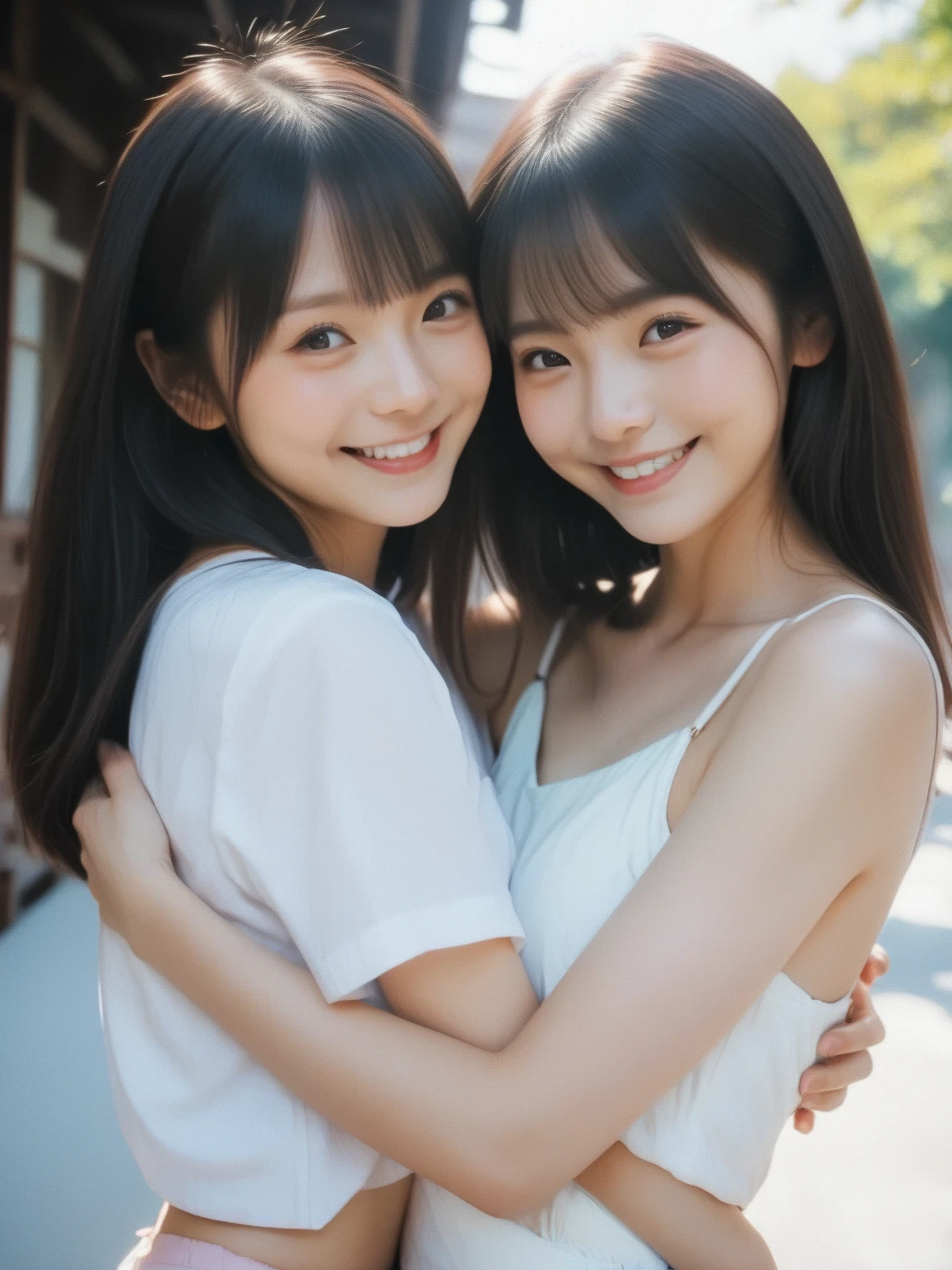 (Close up portrait of one girl with slender small breasts with twin-tailed hair in white shirt:1.5)、(Smiling girl turning to the camera:1.3)、(Green meadow with blue sky and white clouds floating :1.3)、(Perfect Anatomy:1.3)、(complete hands:1.3)、(complete fingers:1.3)、Photorealsitic、Raw photography、masutepiece、top-quality、hight resolution、delicate and pretty、face perfect、Beautiful detailed eyes、Fair skin、Real Human Skin、pores、((thin legs))、(Dark hair)