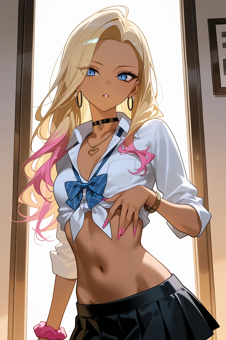 (masterpiece, best quality), 1girl, Miss, Tall, Fit, Square Face, Dark Skin, blonde Hair, pink Eyes, Straight Nose, full Lips, Receding Chin, Long Hair, Wavy Hair, gyaru hair, highlights in hair, full breasts, earrings, lipstick, gyaru, tight panties, bra, nice hips, indoors, (vibrant colors), public indecency, (undressing),