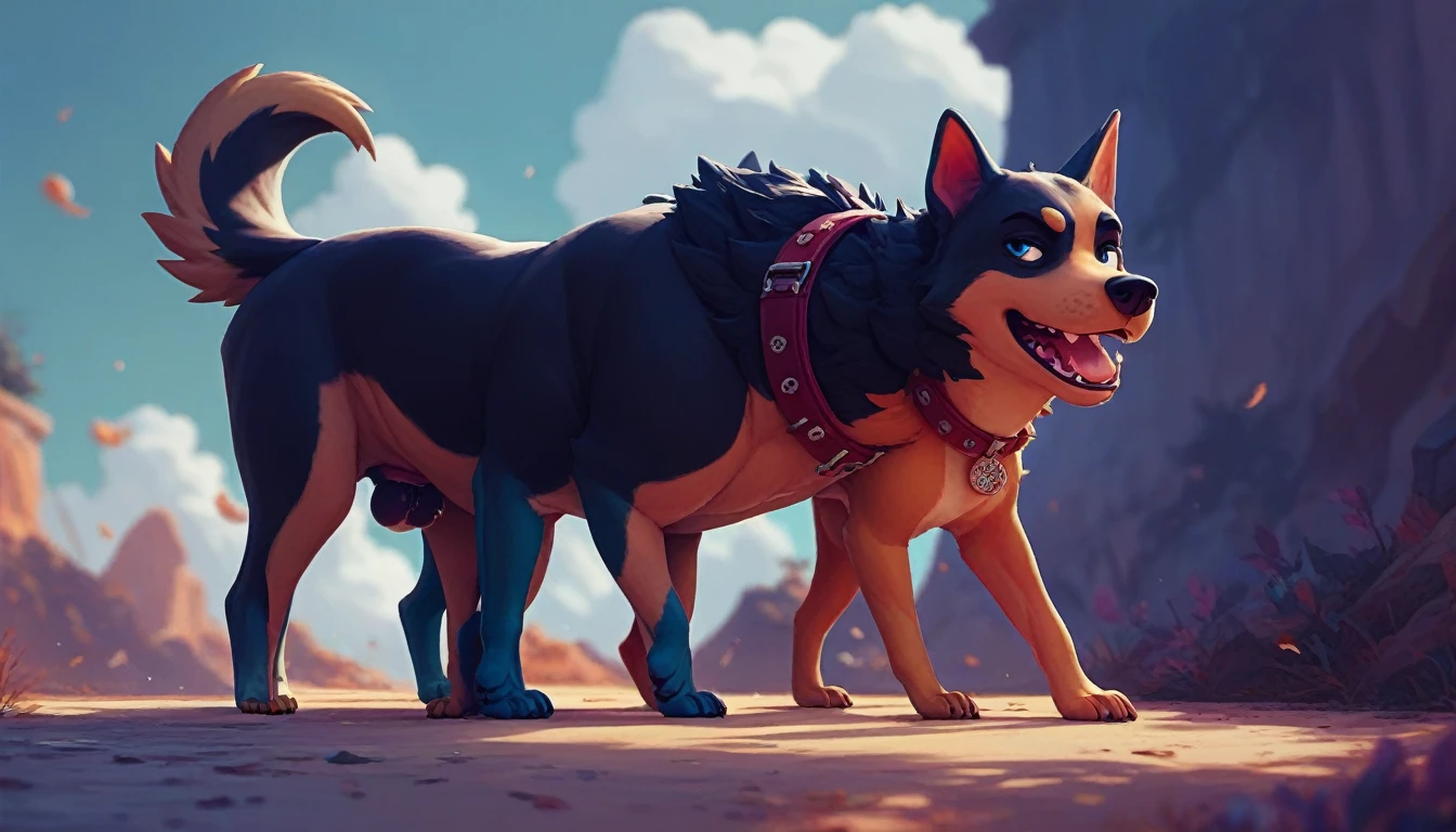 Feral dog, female, doberman, canine pussy, pussy juice, running, mountain road, by chelodoy