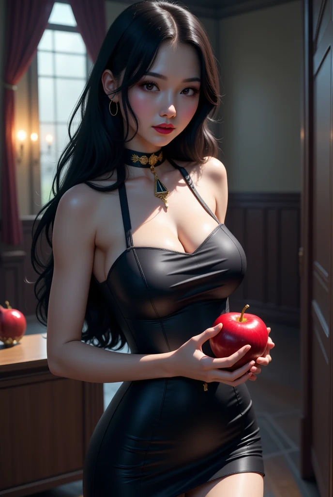 1girl, 20 years old girl, gothic, big breast, night time, in the castle, wearing vintage black corset, mysterious, mysterious smile, holding knife, holding apple,