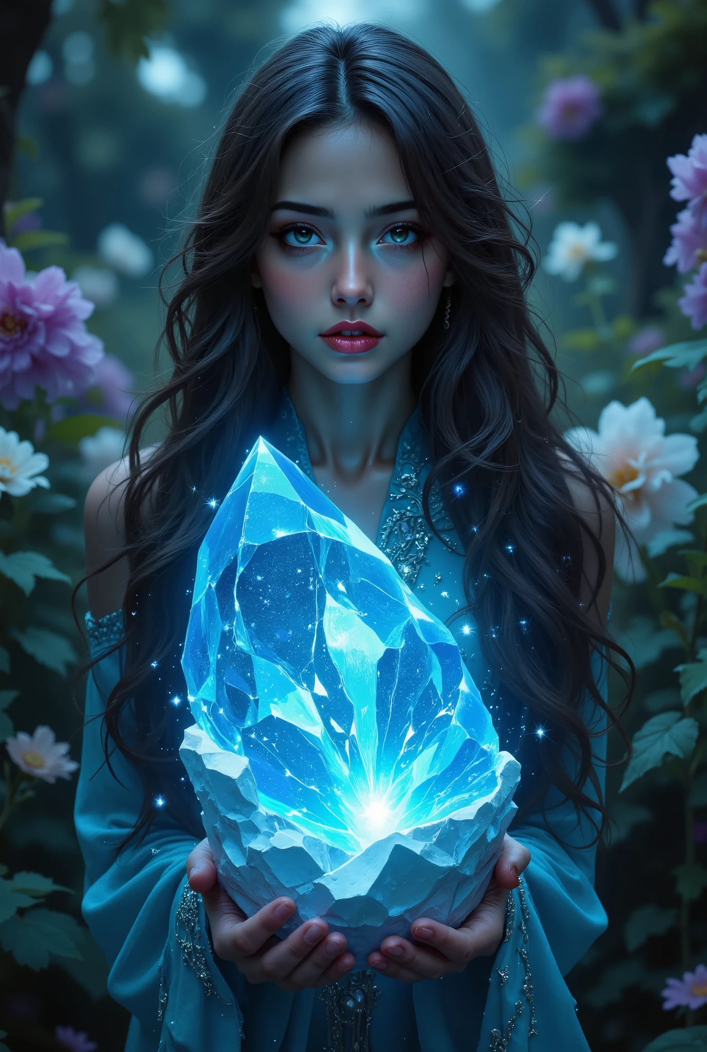 girl with long, with wavy brown hair, About 20 years old , with olive skin and subtle features, expressing awe, holds in her outstretched hand a huge sky blue crystal, that radiates a soft inner glow.  Her emerald green eyes are wide open, reflecting moonlight.   she is wearing a long , , the flowing aquamarine dress, embroidered with silver thread,  that flutters in the light night breeze. Her posture is graceful and calm,  the crystal hand is slightly bent at the elbow,  , the body is slightly tilted forward, as if she listens to the whisper of the night. crystal, the size of her head,  shimmers in all shades of blue, from soft blue to deep sapphire,  , its surface is smooth, like polished ice, reflecting moonlight, creating a fantastic glow.  } The gardens of Eden around her are full of life, filled with fantastic colors in all shades of purple, pink and white,  illuminated by the soft light of the full moon,  creating an atmosphere of magic and tranquility. background is blurred,  focus on the girl and crystal.  Style — photorealistic, with elements of fantasy, lighting — moonlight,  atmosphere — mystical,  calm,  magical.  The composition is the middle plan,  easily tilt the camera down.