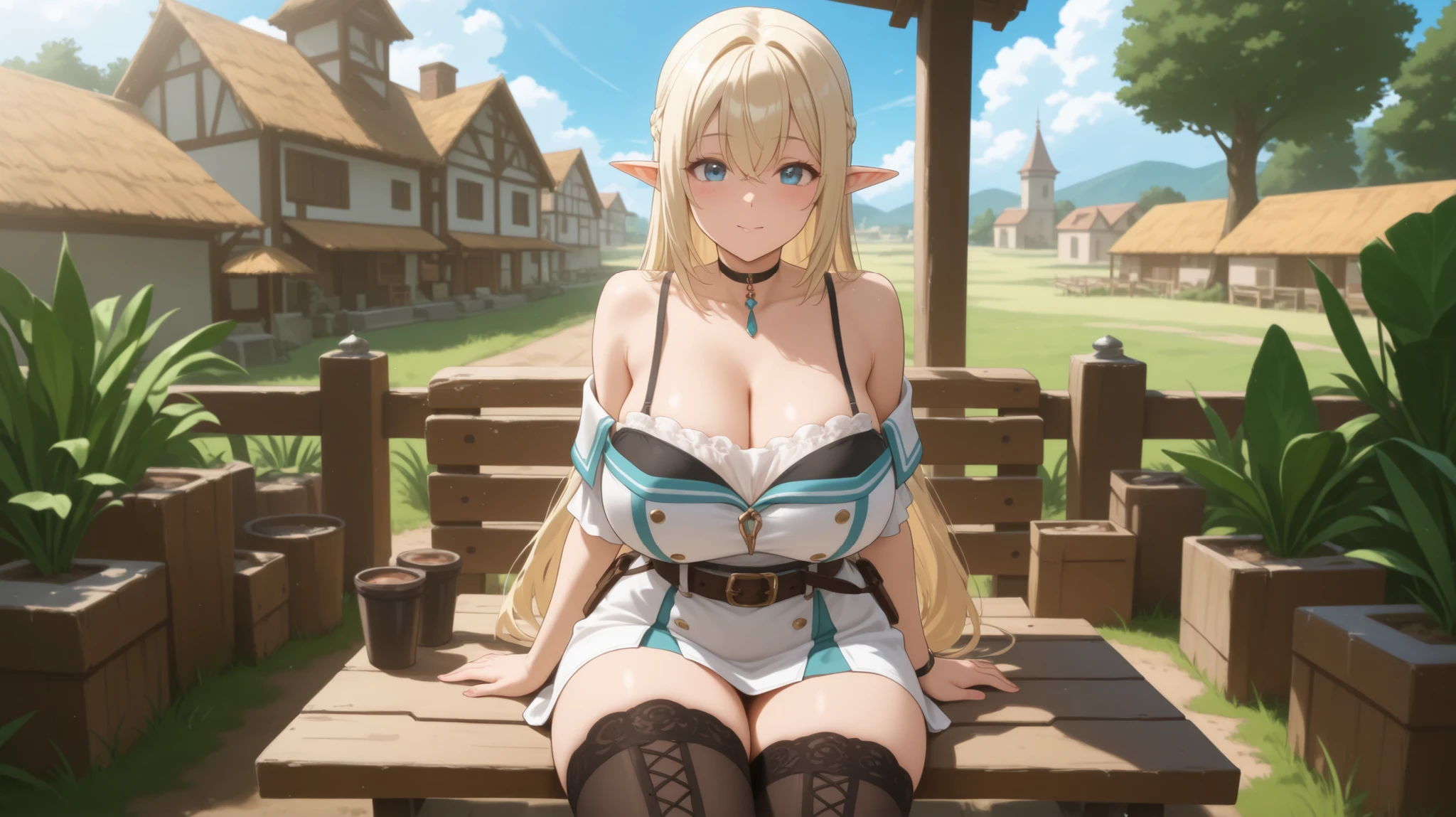((masterpiece、Highest quality、Super Fine、High resolution、Genuine、Sharp focus))、Face Light、((And yet delicate and beautiful))、Female Elf、Deedlit、((Blonde Hair))、((Ponytail)),Round face、Sexy figure、Blue and white armor、in the forest、((Black knee-high socks))、Fantasy Characters、((Large Breasts)),Sexy Costumes,((Bright eyes)),Armor that emphasizes cleavage,sit,((Spread your legs wide)),White sexy underwear,Embarrassed,Watery eye,((Pull up your skirt)),nsfw:1.9,spread legs,