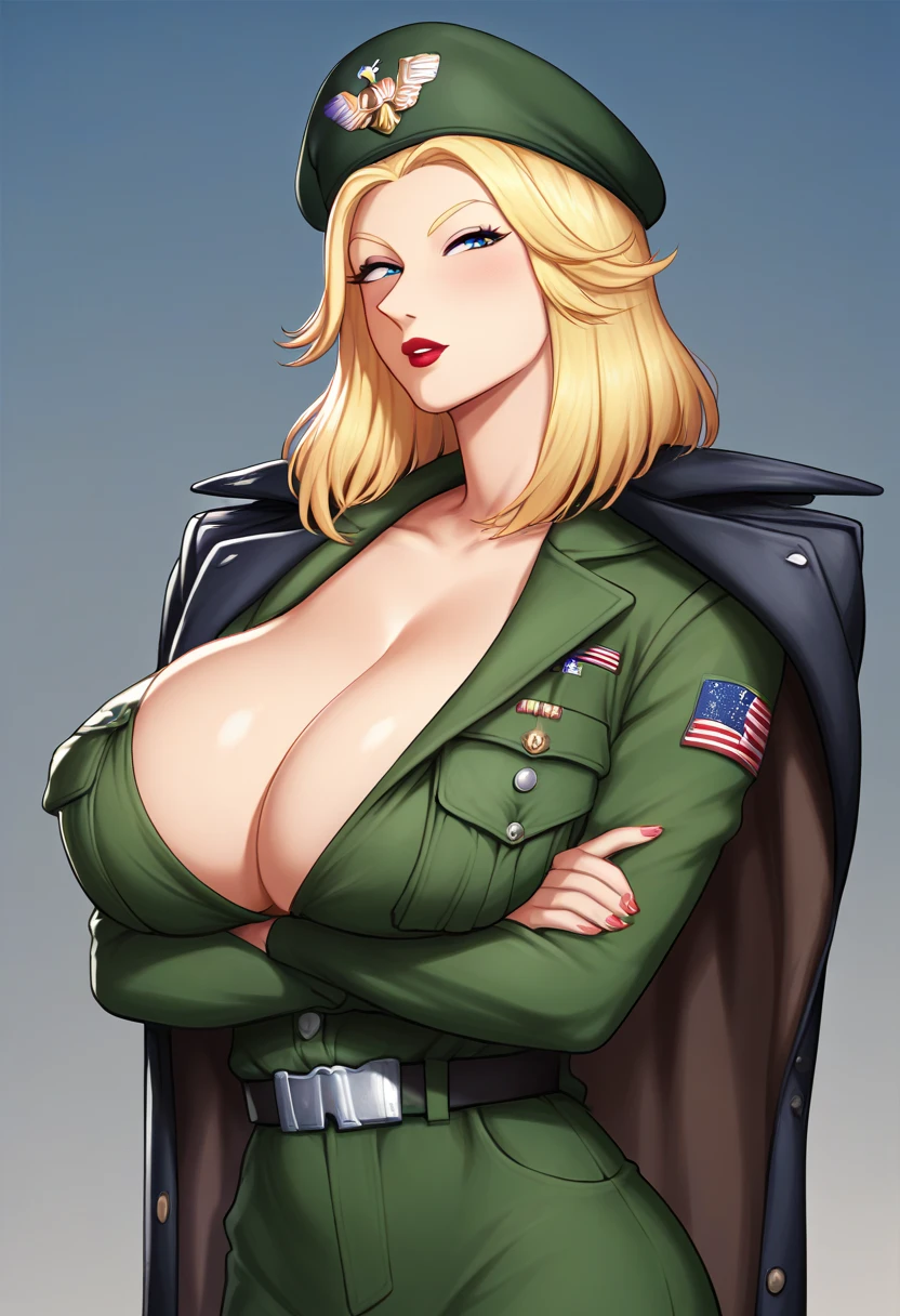 Beautiful German woman blonde muscular body perfect breasts short hair military face military uniform drawn style jojo bisare aventure