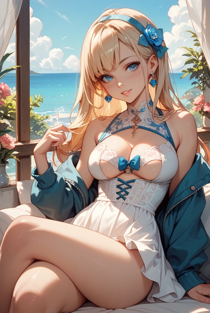 masterpiece,Ultra-high resolution、Highest quality、Sexy pose、Dimly lit bar background at night、blonde、Tie your hair back:1.2, blue eyes, smile、Tilt your head、Large gold earrings and necklace:1.5,、Chain belt、Model walking、Small breasts、The body is very slim、skinny、Super tight waist、Thin thighs、Spread your legs,Cowboy Shot、Halter neckline edged with white ruffles、White argyle check pattern ultra mini bikini skirt、White panties are slightly visible、Red and blue striped knee socks:1.8、Underwear Focus