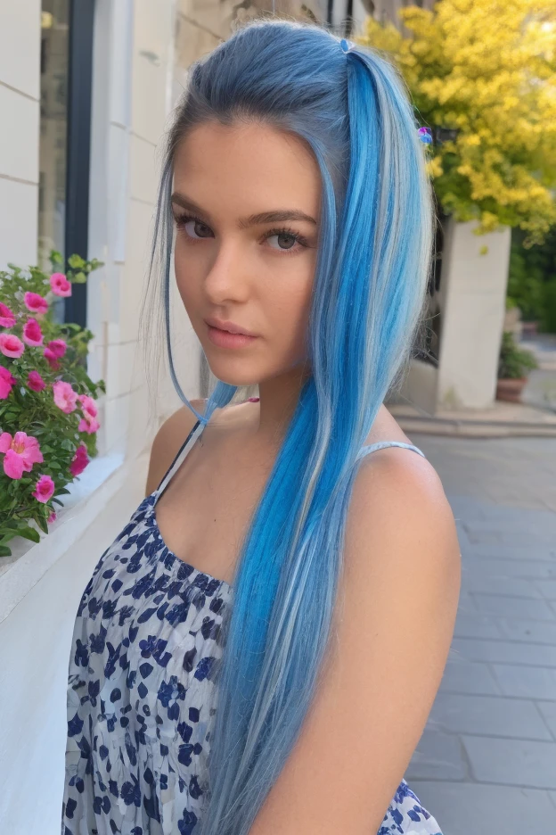 sexy TikTok influencer, cobalt hair, blue hair , teal hair , twintails, piggy tails, big breast, wearing a form-fitting earthy brown dress with thin straps, without sunglasses. She is facing away from the camera, with a slight turn of her head revealing oversized sunglasses. She stands on a paved walkway, flanked by a line of palm trees. Behind her is a modern multi-story building with glass balconies, reflecting the clear blue sky. The weather appears sunny, indicating a bright day.