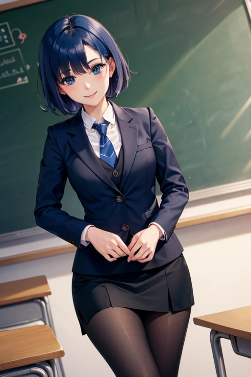 (top-quality、in 8K、32K、masterpiece、nffsw、超A high resolution、Impresionismo、Photorealsitic:1.2)、Colossal tits、cowboy shot, detailed faces and eyes、 Inside the classroom、Schools、Evening glow、beauitful face、blurry backround、16-year-old beautiful girl、shinny skin、short-hair、Beautiful blue hair、Blunt bangs、Black eyes、(Katyusha:1.2)、Open Black Blazer、White blouse、Red checked tie、Grey Check Pleated Mini Skirt、Curve、Stand on one knee、(I can see panties:1.2)、Smile with open mouth、Opening legs