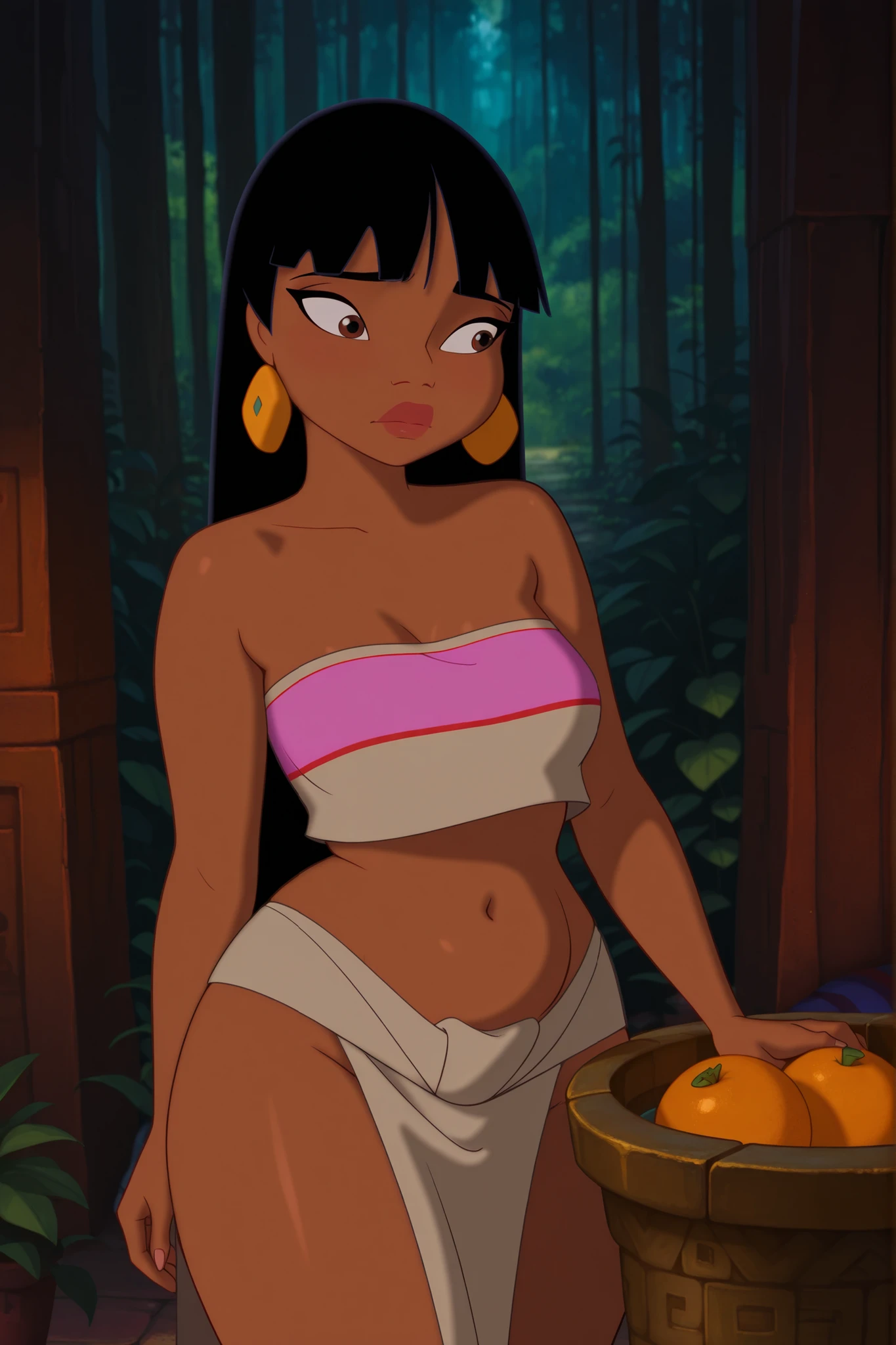 Masterpiece, High quality, Alone, In a straight line, Lonely woman, Beautiful eyes, ZzChel, Brown eyes, Black hair, Long hair, Dark skin, Wrap skirt, navel, Closed mouth, Eyes looking forward annoyingly, Combiana, Jeweler, Wives, Well-narrow waist, Dark skin, Plump brunette, Medium breasts, Cowboy shot, Sexy, Sexy Pukka, Standing on her feet, Tube top, Front view, In a forest