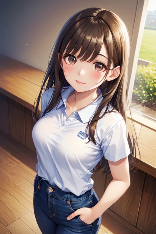 realisticlying、女の子 1 人、selfee、Polo shirt、Wearing a ruffled miniskirt、Cleavage emphasis、Smile、A sexy