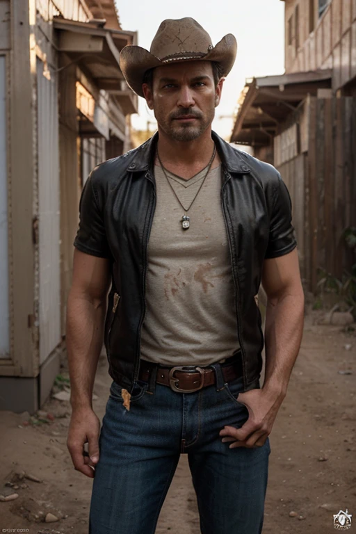 Create an image of Jim Carrey portraying the character CJ from GTA San Andreas. Jim Carrey should be dressed in CJ's iconic outfit, which includes a white tank top, blue jeans, and sneakers. The setting should reflect the urban environment of GTA San Andreas, with graffiti-covered walls, streets, and buildings typical of the game. Jim Carrey's facial expression should be a mix of his signature comedic style and CJ's confident, tough demeanor, capturing the essence of both the actor and the character in the game.