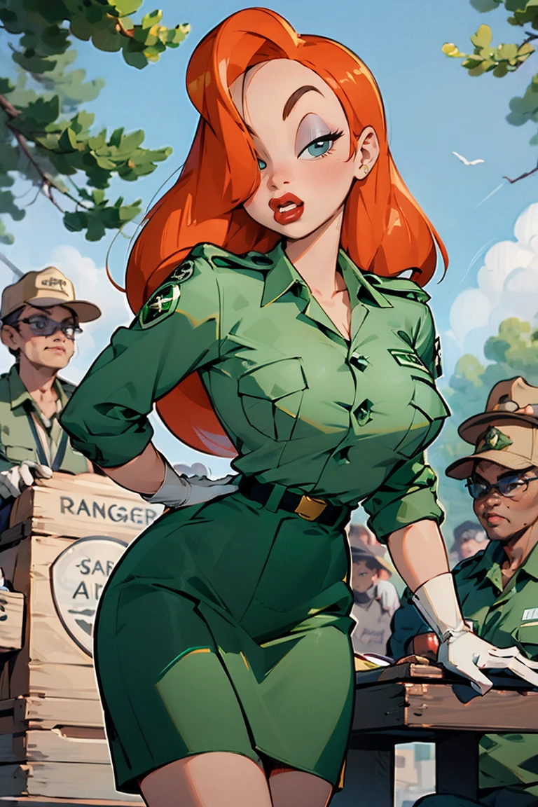 green solid background, 1 woman, best quality, ultra high res, long hair, red hair, green eyes, full lips, military overall jumpsuit, cargo pants, combat boots, mad at viewers, double D breast, standing, full body picture