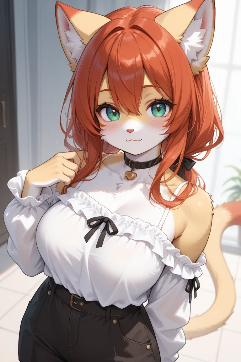hairy, brown fur, ultra cute face, orange eyes, medium hair, medium breasts, dark brown elements in fur, bright dress, beautiful lights and shadows, ambient light, ultra detailed hair, volumetric light, cute tail, neckline, cute panties