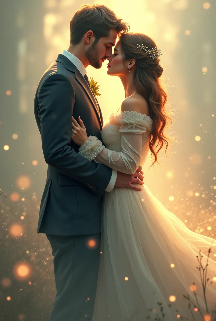 watercolor anime comic art, Clyde Caldwell art of a groom in his wedding day held by a chain to his bride, a beautiful, sexy bride, with radiant chains, divine chains, links of the chain glow, cinematic light, High Detail, Ultra High Quality, High Resolution, 16K Resolution, Ultra HD Pictures, 3D rendering Ultra Realistic, Clear Details, Realistic Detail, Ultra High Definition,