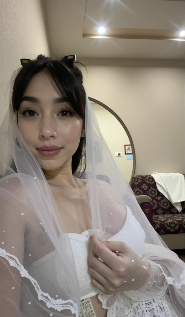 (masterpiece、high-level image quality、hightquality),prety woman,, Innocent, 18year old, ((slim)), ((flat absinassive biggest huge, 豊満なtits out:1.4), White skin, Black eyes, White transparent bride veil, weddingdress, (sideboob barbosa), (underboob), Golden choker, Holding a bouquet of roses, marriage ring, ((squat in the church)), Sheer panties, Looking at the camera, Smiling, having fun, Happy, tits out,gravure,