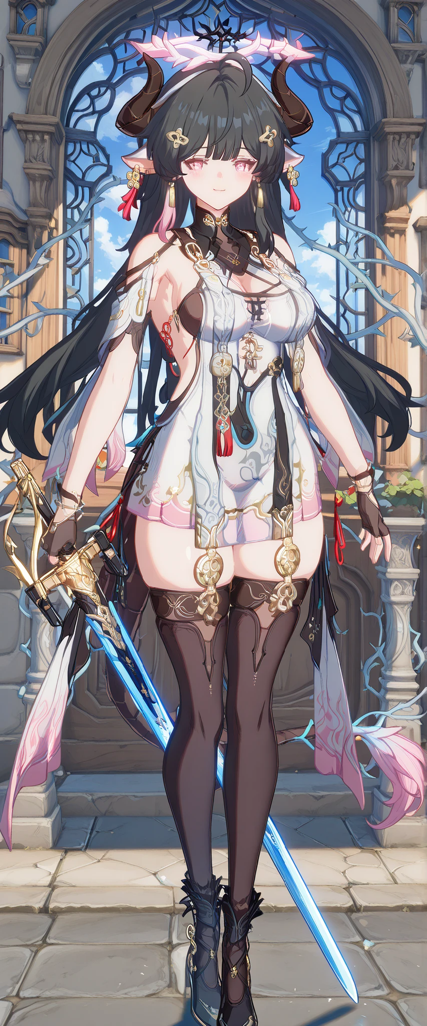 (masterpiece, best quality, hires, high resolution:1.2, 4k, 8k , high quality), extremely detailed, realistic, intricate details, highres, 1girl, solo, blush, freckles, (large breasts, thick thighs, wide hips), arched back,(cinematic lighting, sunlight, perfect lighting, backlighting), eye-level shot, extreme close-up-shot, naughty look, looking at viewer, 
 <lora:hel-nvwls-v1:0.8> sdsHel, multicolored hair, horns, crown, bare shoulders, white dress, armored dress, single glove