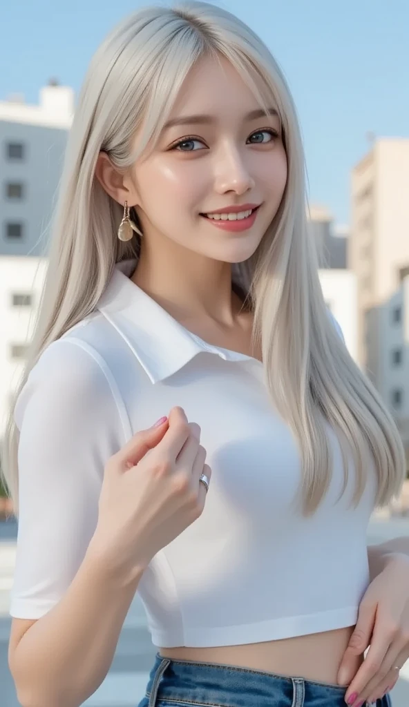 ((Best quality, 8k, Masterpiece :1.1)), Sharp focus :1.2, A Pretty Girl with perfect figure :1.4, Slender abs :1.2, (( wavy blonde hair, silver light hair ,long hair, Big breasts :1.3)), (White Tight shirt :1.3 sultry, aroused: 1.5), Black short skirt (Sultry) ((Aroused: 1.6)), beauty face , (detailed face), Open top button shirt: 1.1 , , Street:1.3, car, building, Highly detailed face and skin texture, Detailed eyes, Double eyelid, smiling