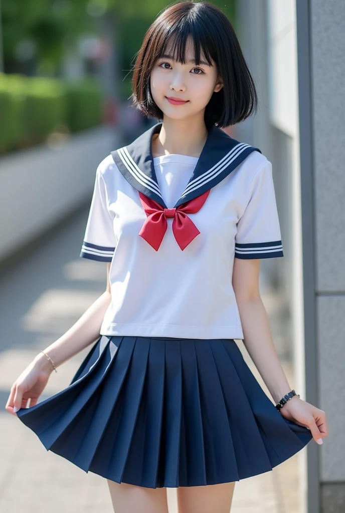 (best quality, masterpiece:1.2),(realistic,photo-realistic:1.2), extremely detailed, intricate details, 8K, ultra high resolution, RAW photo, Serafuku, solo, 1girl, a high school girl wearing sailor uniform, dark hair, bowl cut hair, (white-shirt), (red-neckerchief), (deepblue-collar), (deepblue-miniskirt), midium breasts, detailed face, detailed eyes, smaller face, photo background, outdoors, daytime, sunny,