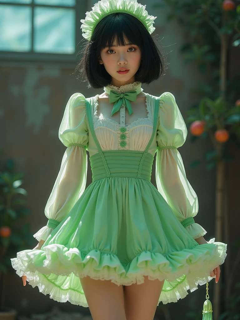 A close up of a woman in a green dress posing for a picture - SeaArt AI